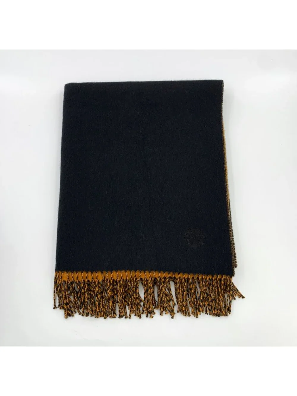 Hermès Black Cashmere Logo Embroidered Fringe Scarf